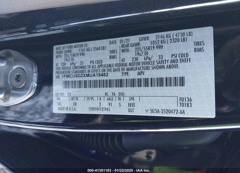 2021 FORD ESCAPE TITANIUM HYBRID VIN: 1FMCU9DZXMUA18482