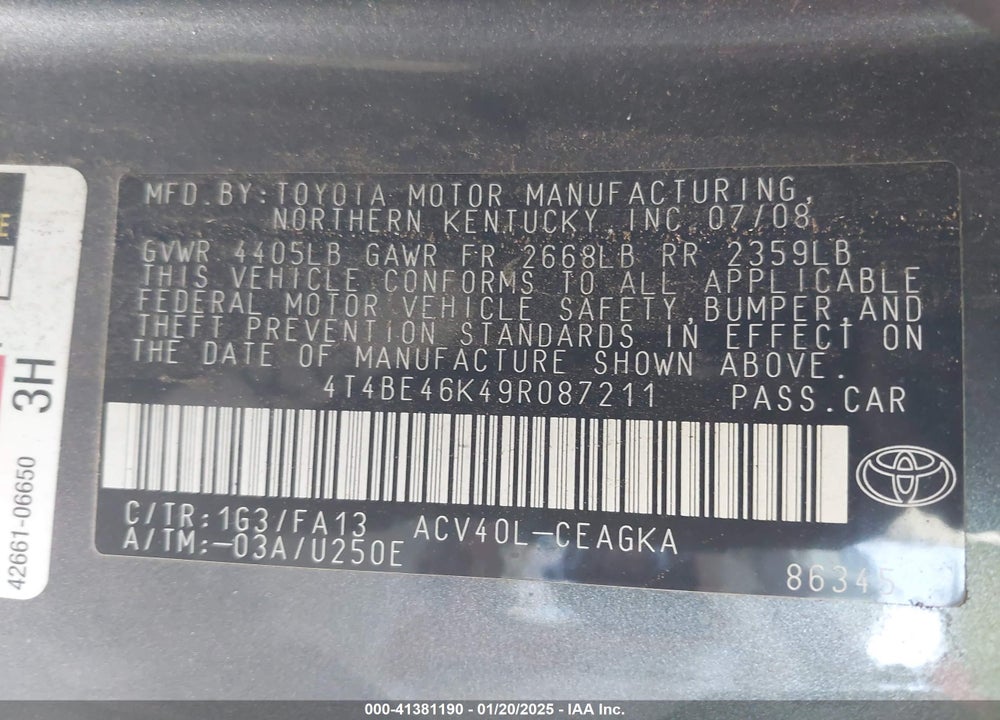 2009 TOYOTA CAMRY VIN: 4T4BE46K49R087211