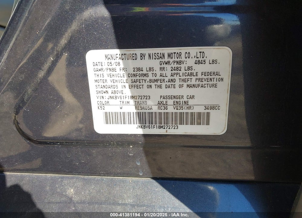2008 INFINITI G35X VIN: JNKBV61F18M272723