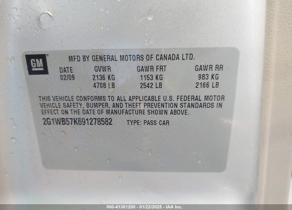 2009 CHEVROLET IMPALA LS VIN: 2G1WB57K691278582