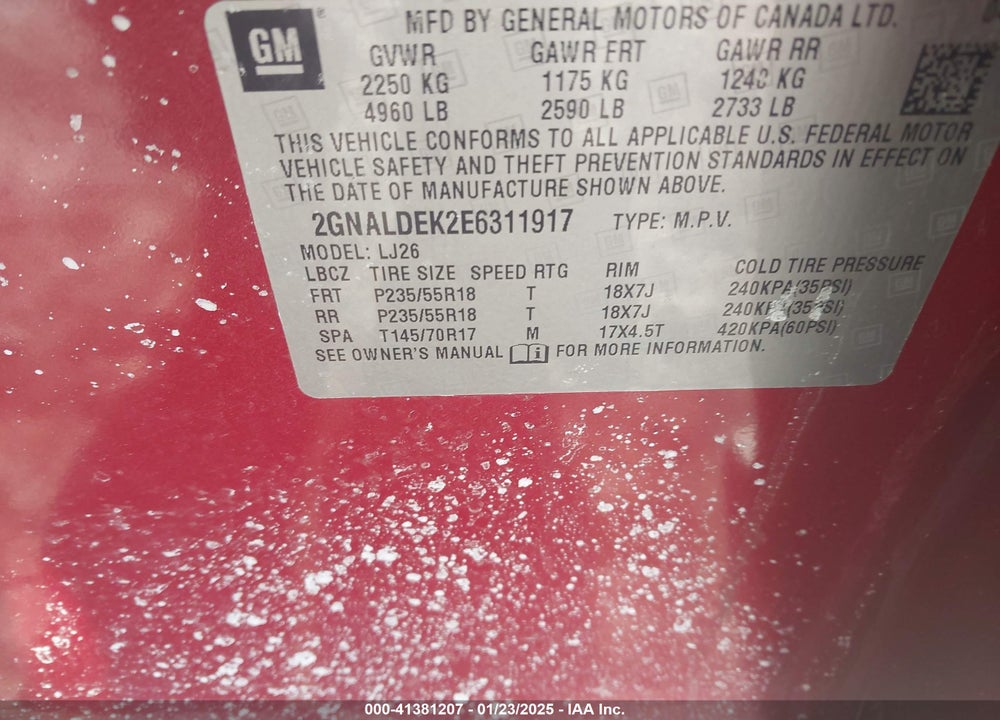 2014 CHEVROLET EQUINOX LTZ VIN: 2GNALDEK2E6311917