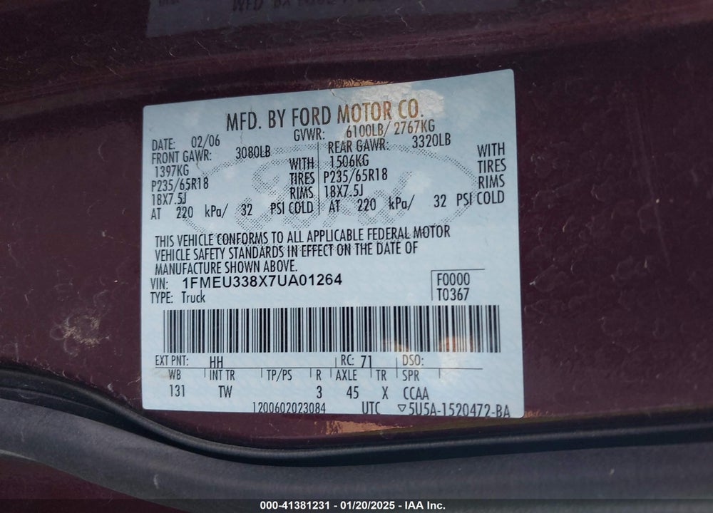 2007 FORD EXPLORER SPORT TRAC LIMITED VIN: 1FMEU338X7UA01264
