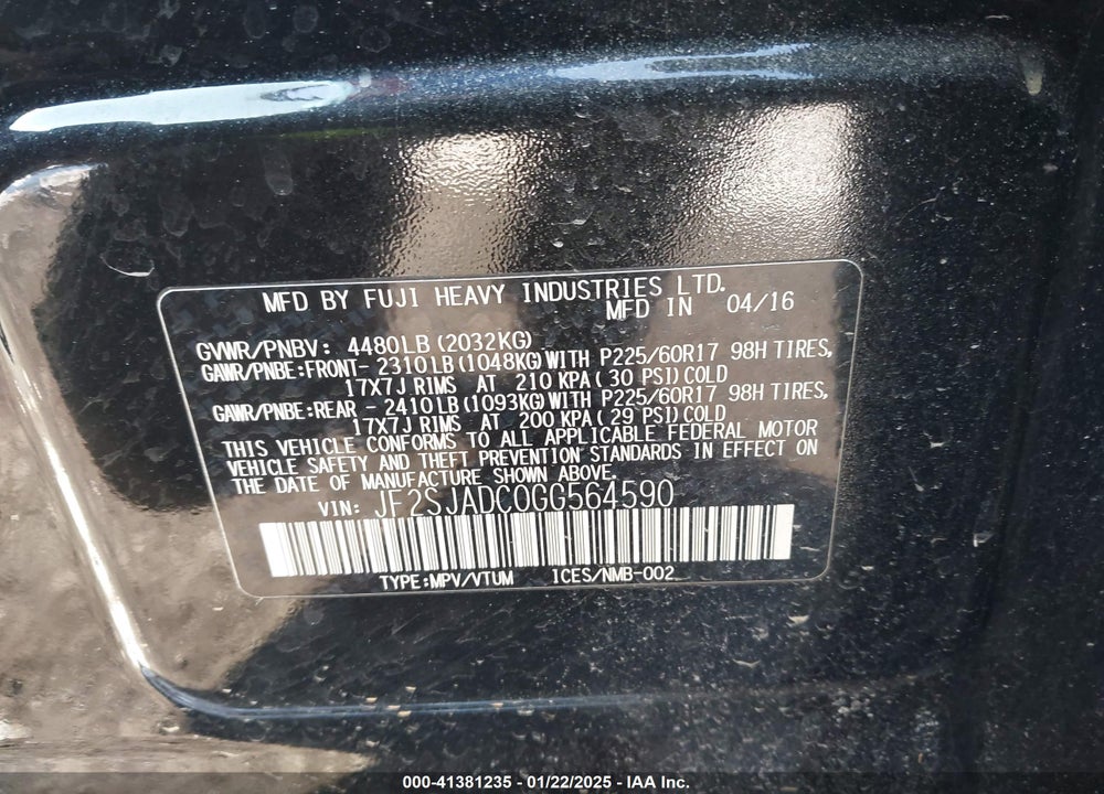 2016 SUBARU FORESTER 2.5I PREMIUM VIN: JF2SJADC0GG564590