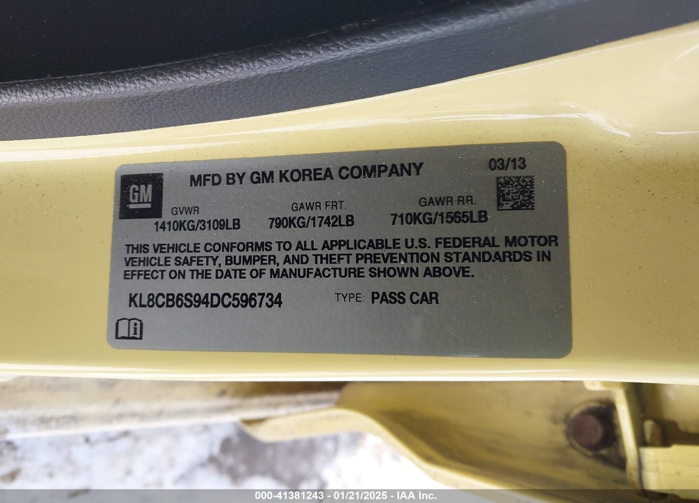 2013 CHEVROLET SPARK LS AUTO VIN: KL8CB6S94DC596734