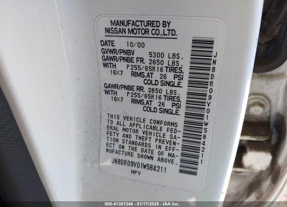 2001 NISSAN PATHFINDER LE VIN: JN8DR09Y01W584211