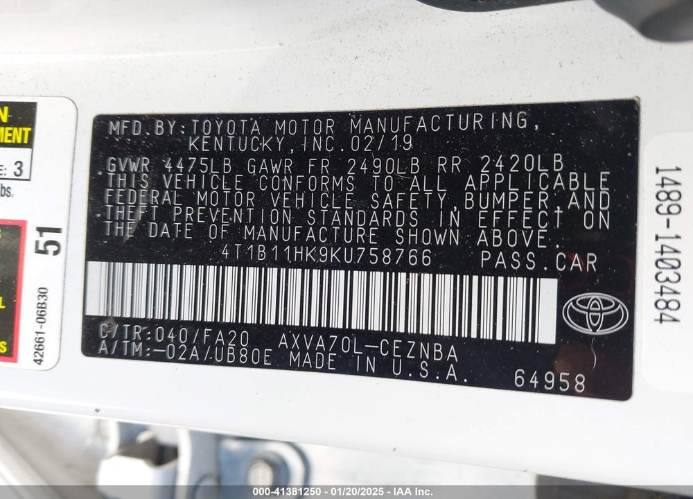 2019 TOYOTA CAMRY VIN: 4T1B11HK9KU758766
