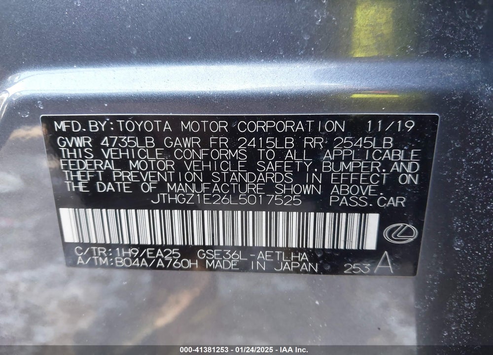 2020 LEXUS IS 350 VIN: JTHGZ1E26L5017525