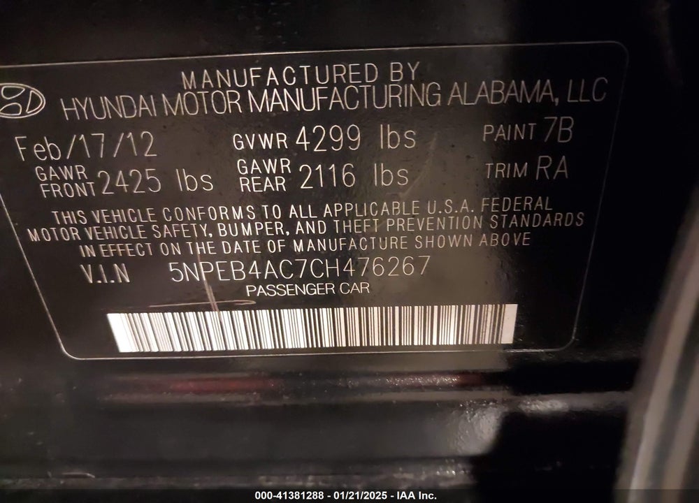 2012 HYUNDAI SONATA GLS VIN: 5NPEB4AC7CH476267