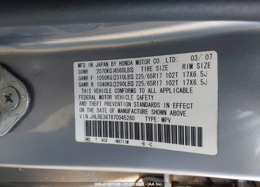 2007 HONDA CR-V EX-L VIN: JHLRE38787C045260