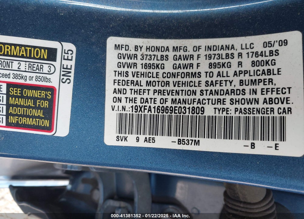 2009 HONDA CIVIC EX-L VIN: 19XFA16969E031809
