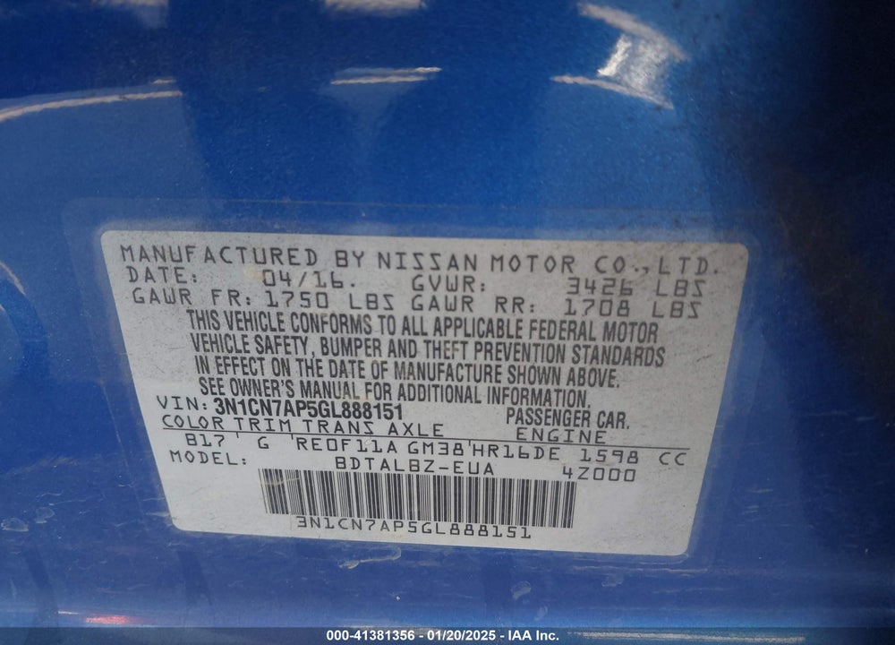 2016 NISSAN VERSA VIN: 3N1CN7AP5GL888151