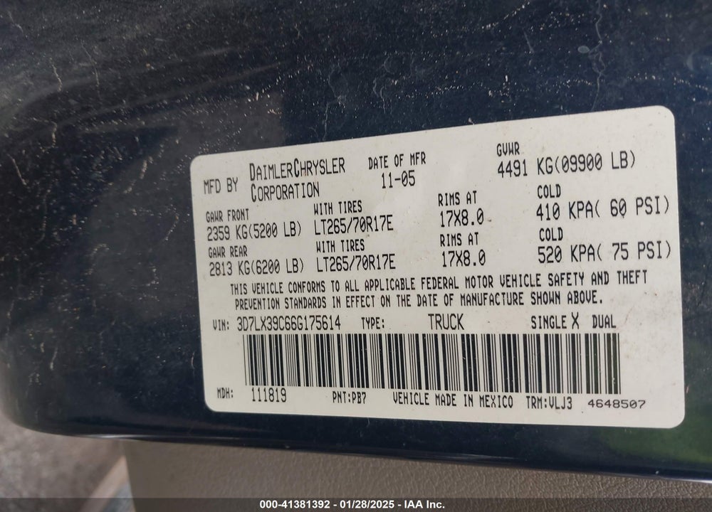 2006 DODGE RAM 3500 LARAMIE VIN: 3D7LX39C66G175614