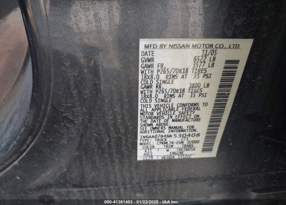 2006 NISSAN TITAN SE VIN: 1N6AA07B46N530408