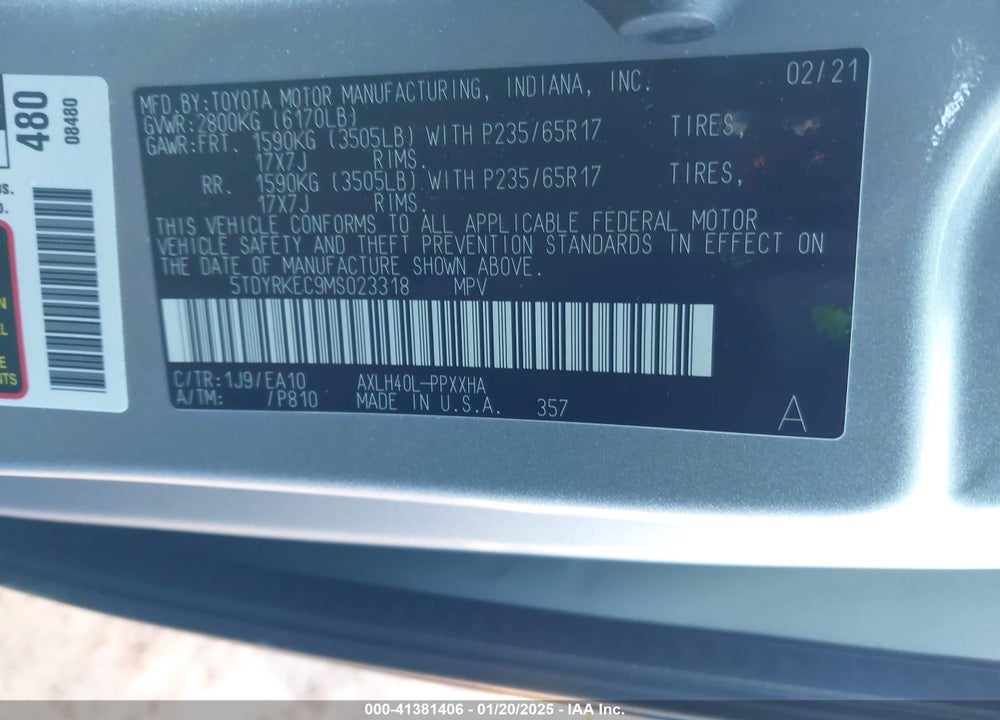 2021 TOYOTA SIENNA XLE VIN: 5TDYRKEC9MS023318