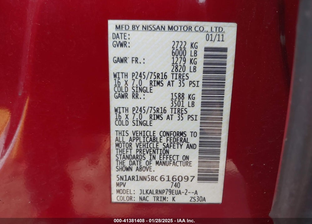 2011 NISSAN PATHFINDER S VIN: 5N1AR1NN5BC616097