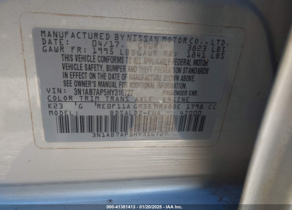 2017 NISSAN SENTRA SV VIN: 3N1AB7AP5HY316727