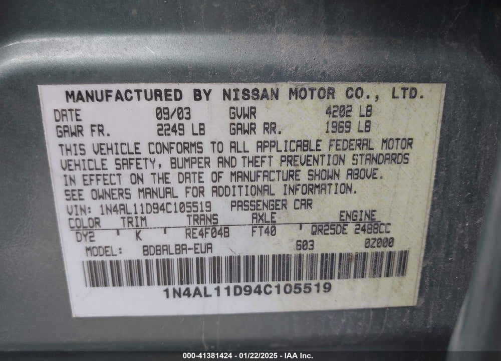 2004 NISSAN ALTIMA 2.5 S VIN: 1N4AL11D94C105519