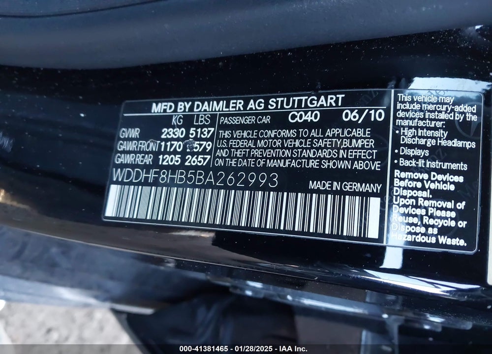 2011 MERCEDES-BENZ E VIN: WDDHF8HB5BA262993