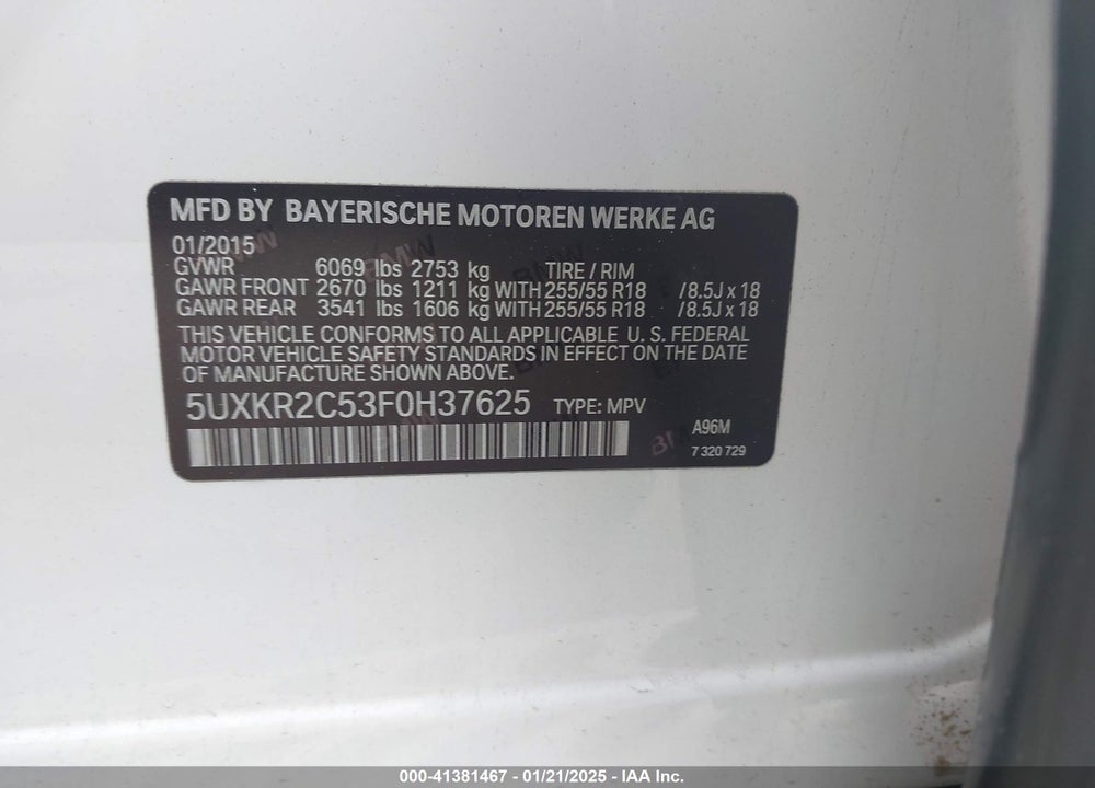 2015 BMW X5 SDRIVE35I VIN: 5UXKR2C53F0H37625