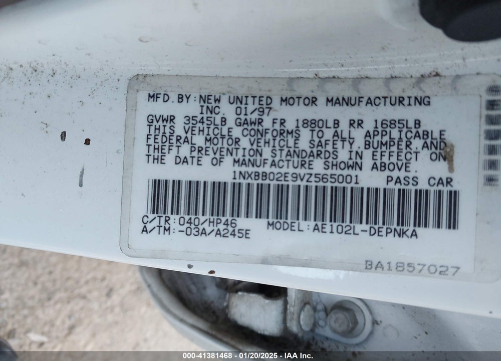 1997 TOYOTA COROLLA DX VIN: 1NXBB02E9VZ565001