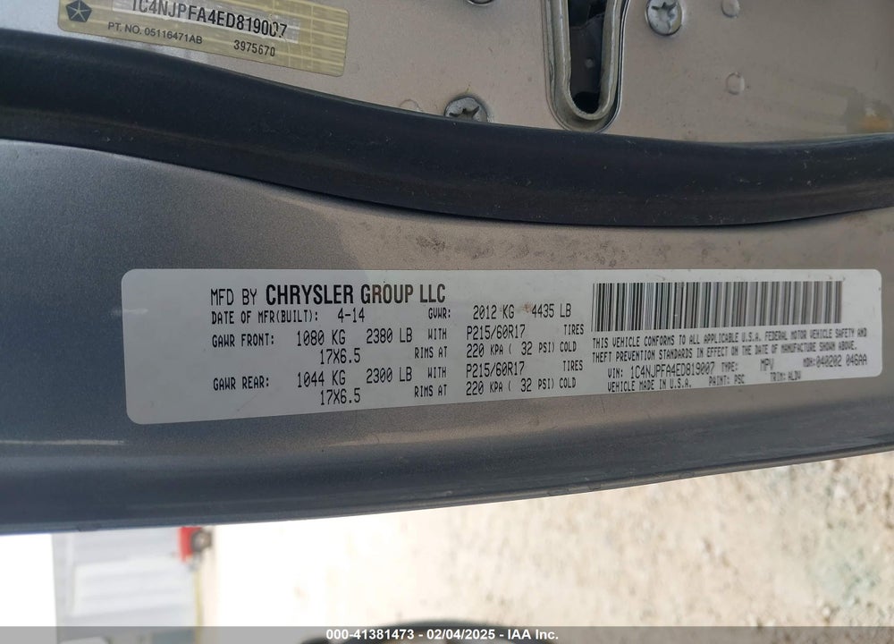 2014 JEEP PATRIOT HIGH ALTITUDE VIN: 1C4NJPFA4ED819007