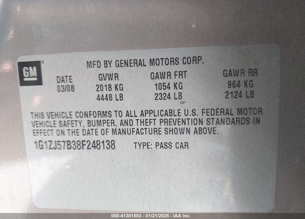 2008 CHEVROLET MALIBU VIN: 1G1ZJ57B38F248138