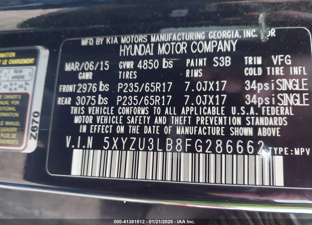 2015 HYUNDAI SANTA FE SPORT 2.4L VIN: 5XYZU3LB8FG286662