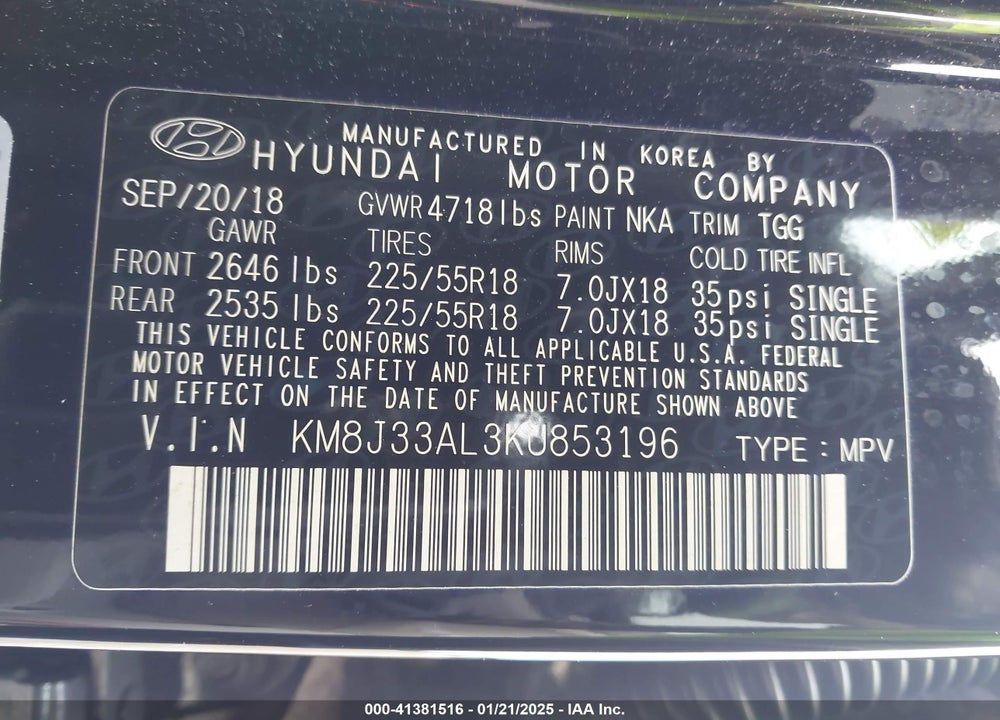 2019 HYUNDAI TUCSON SEL VIN: KM8J33AL3KU853196