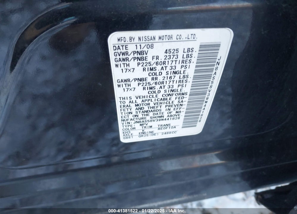 2009 NISSAN ROGUE VIN: JN8AS58V39W441826