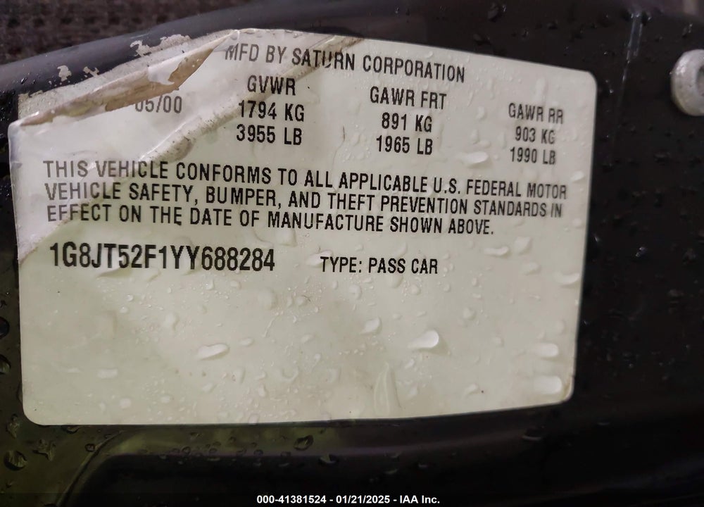 2000 SATURN LS1 VIN: 1G8JT52F1YY688284