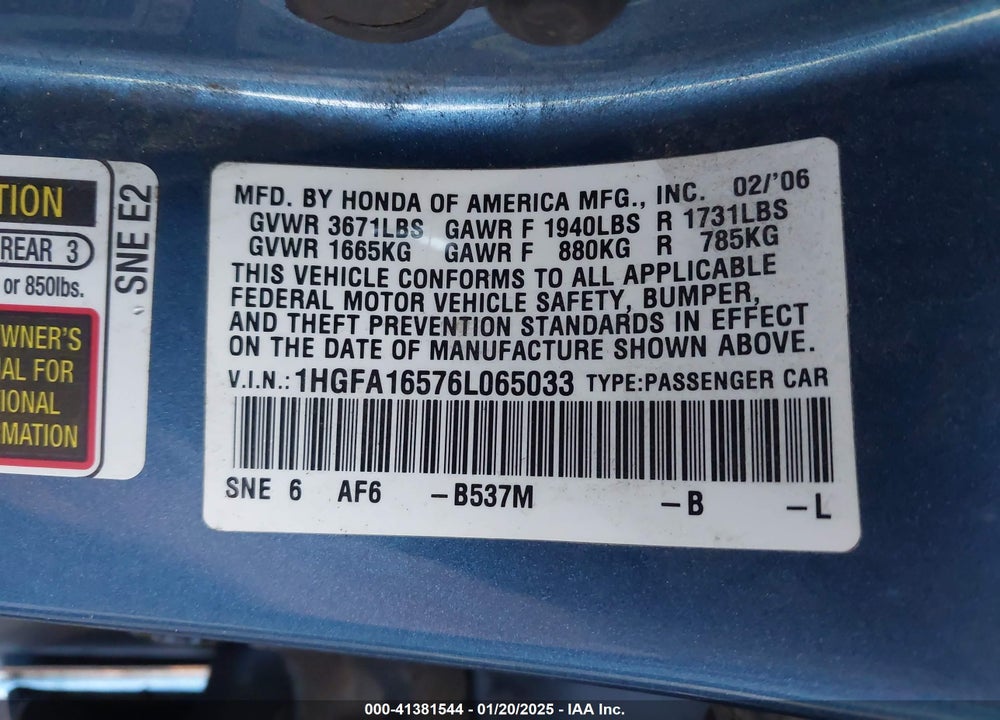 2006 HONDA CIVIC VIN: 1HGFA16576L065033