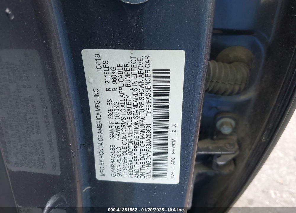 2018 HONDA ACCORD VIN: 1HGCV1F33JA258631