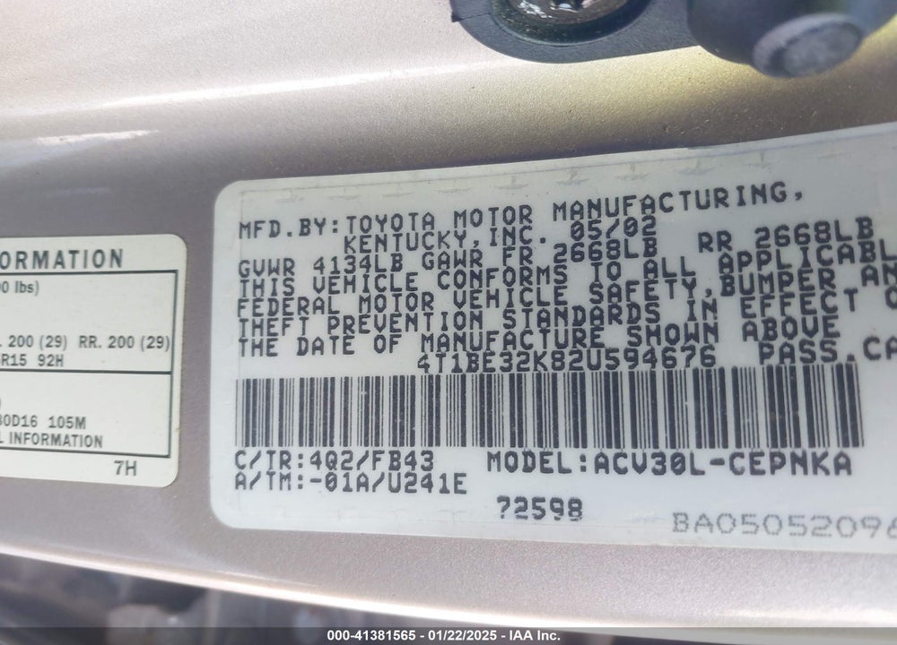 2002 TOYOTA CAMRY LE VIN: 4T1BE32K82U594676