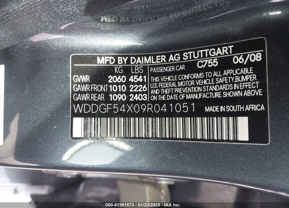 2009 MERCEDES-BENZ C 300 VIN: WDDGF54X09R041051