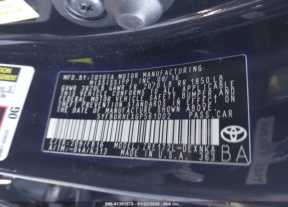 2016 TOYOTA COROLLA LE VIN: 5YFBURHEXGP561002