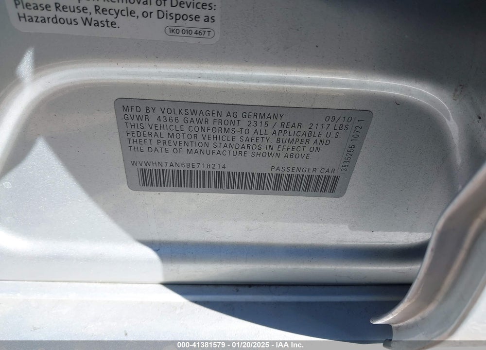 2011 VOLKSWAGEN CC LUX VIN: WVWHN7AN6BE718214