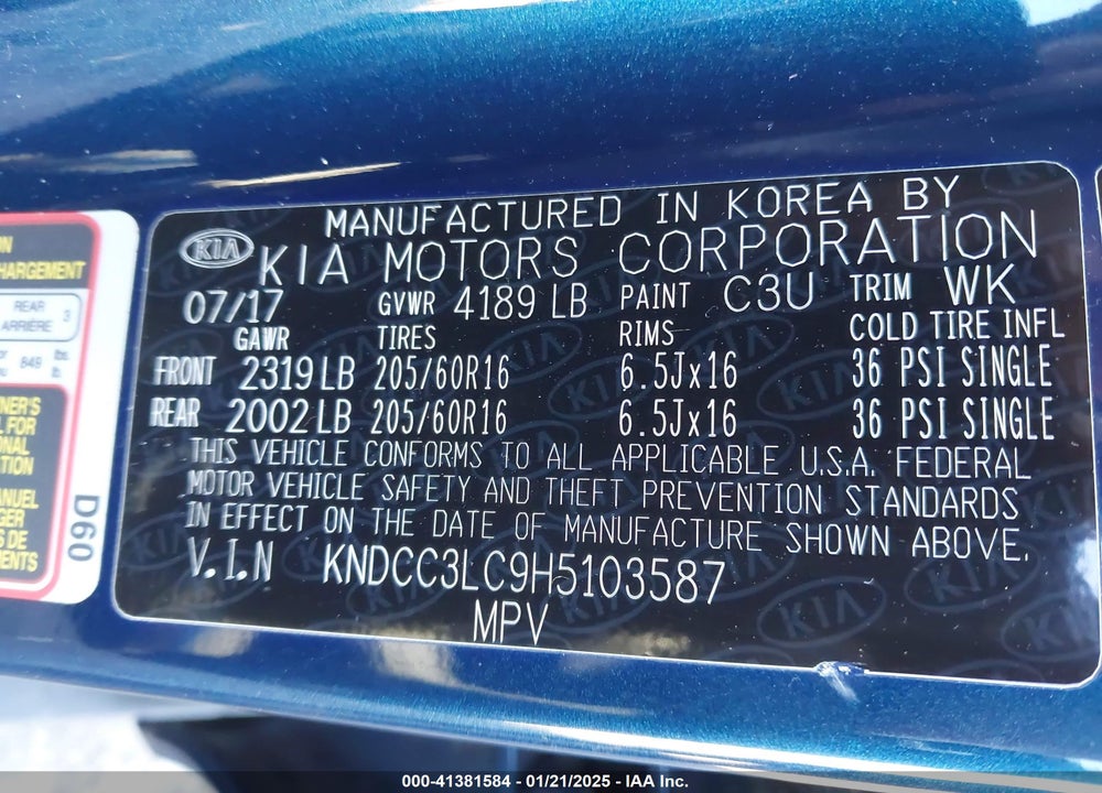 2017 KIA NIRO EX VIN: KNDCC3LC9H5103587