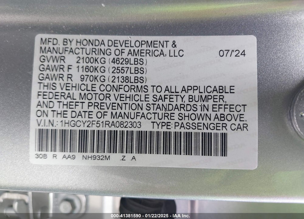 2024 HONDA ACCORD VIN: 1HGCY2F51RA082303