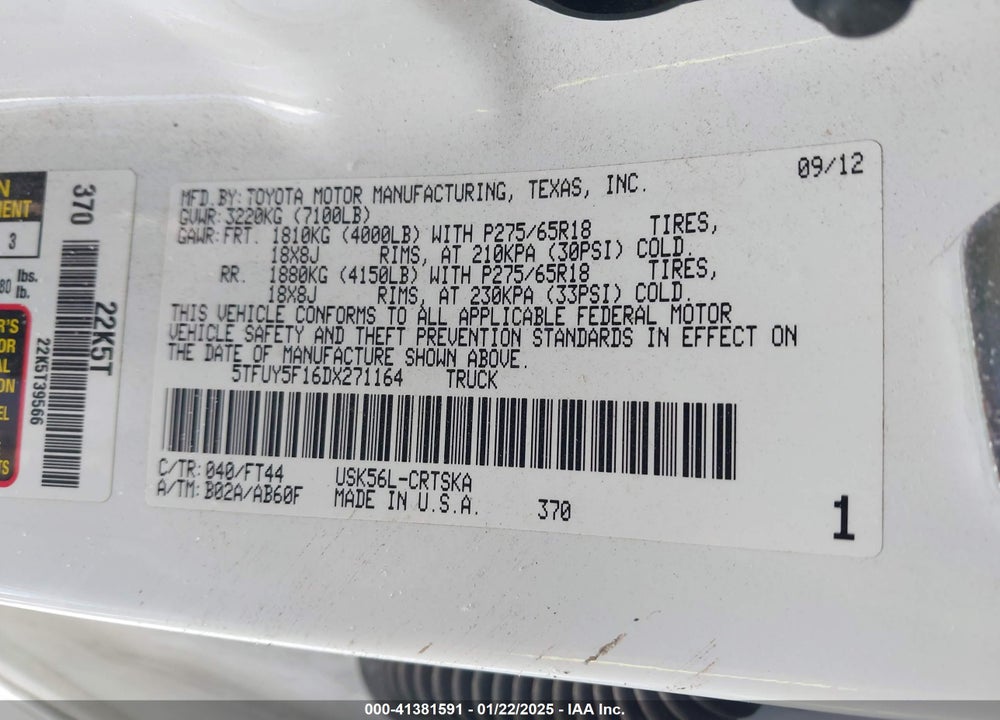 2013 TOYOTA TUNDRA VIN: 5TFUY5F16DX271164