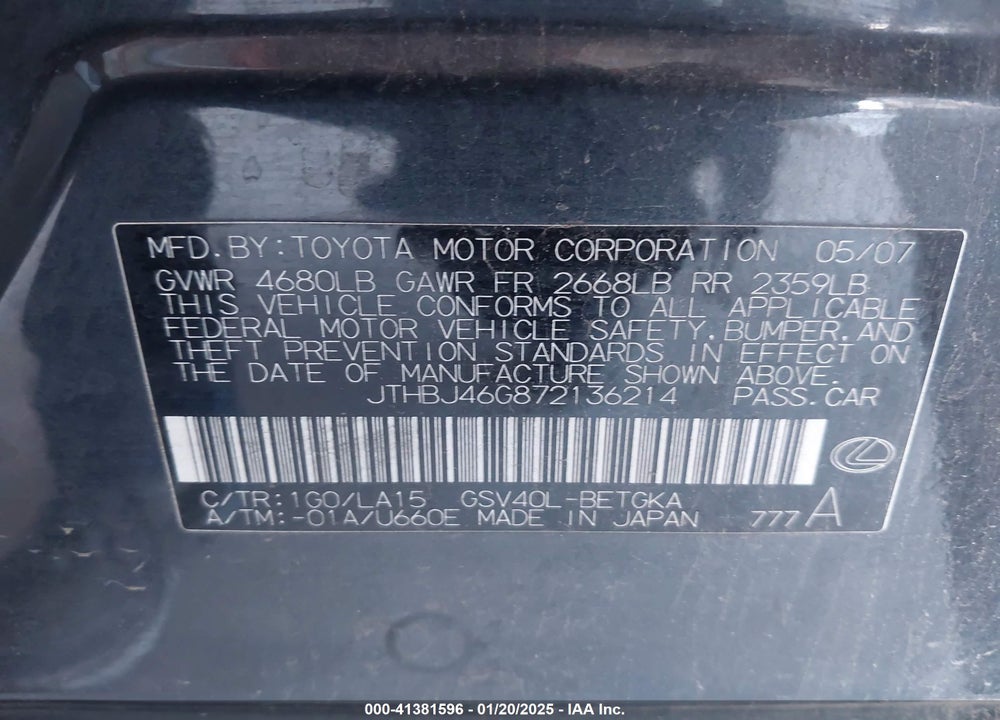 2007 LEXUS ES 350 VIN: JTHBJ46G872136214