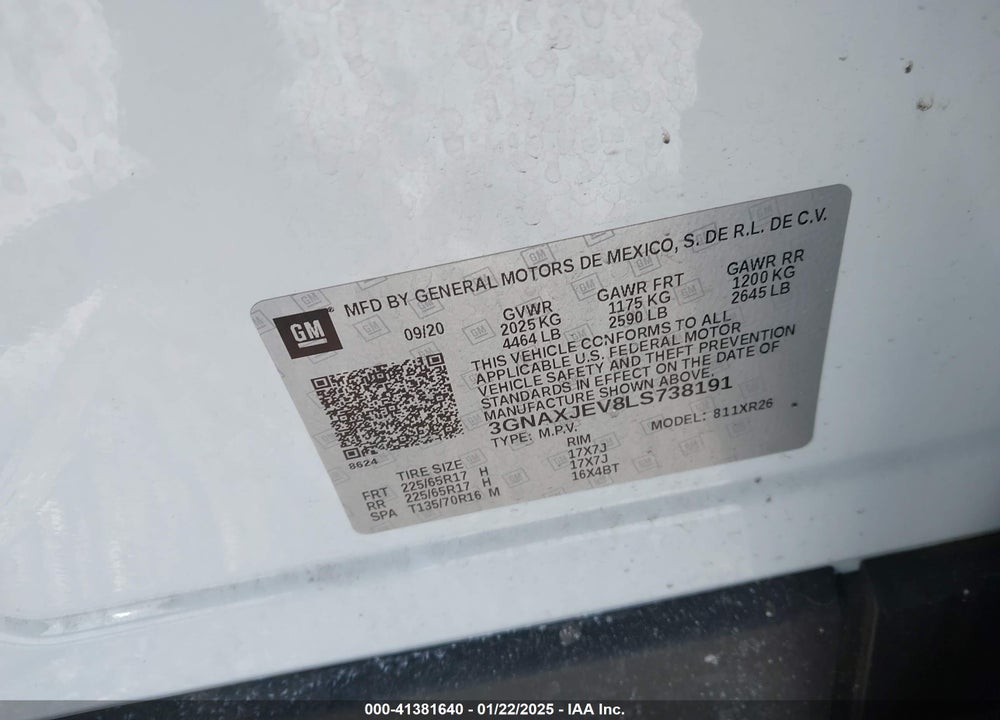 2020 CHEVROLET EQUINOX VIN: 3GNAXJEV8LS738191