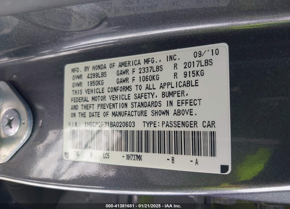 2011 HONDA ACCORD 2.4 LX VIN: 1HGCP2F31BA020603