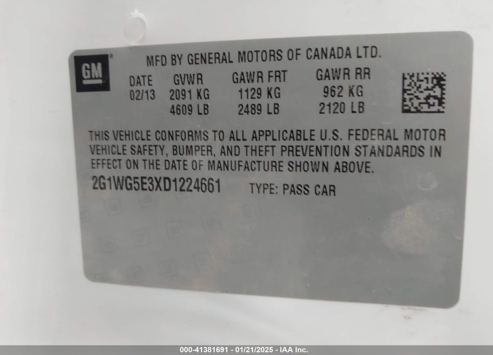2013 CHEVROLET IMPALA VIN: 2G1WG5E3XD1224661