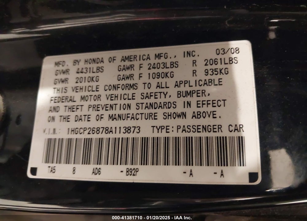 2008 HONDA ACCORD 2.4 EX-L VIN: 1HGCP26878A113873