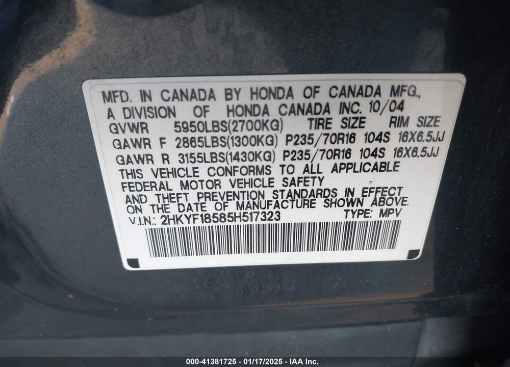 2005 HONDA PILOT EX-L VIN: 2HKYF18585H517323