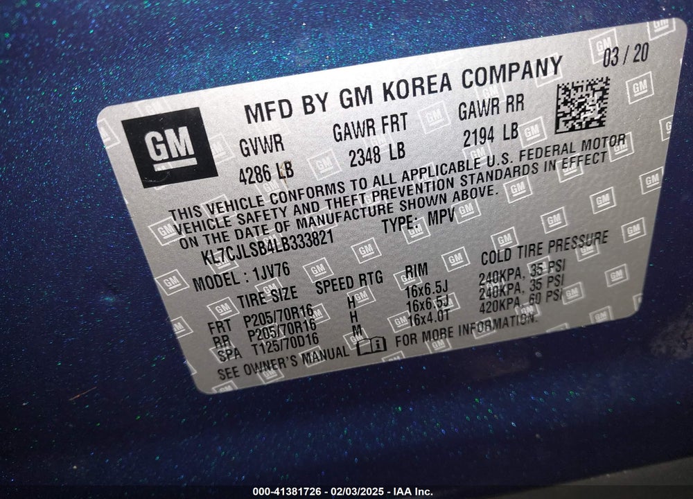 2020 CHEVROLET TRAX FWD LT VIN: KL7CJLSB4LB333821