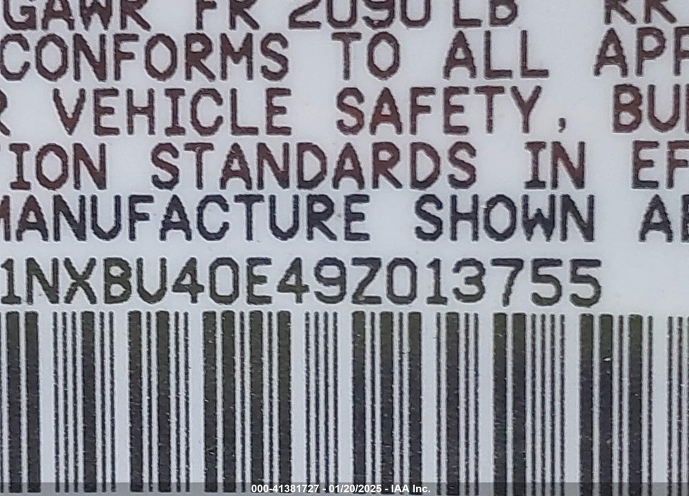 2009 TOYOTA COROLLA VIN: 1NXBU40E49Z013755