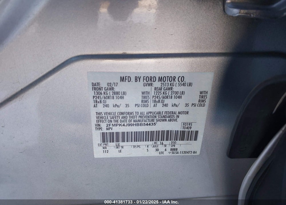 2017 FORD EDGE SEL VIN: 2FMPK4J99HBB54435