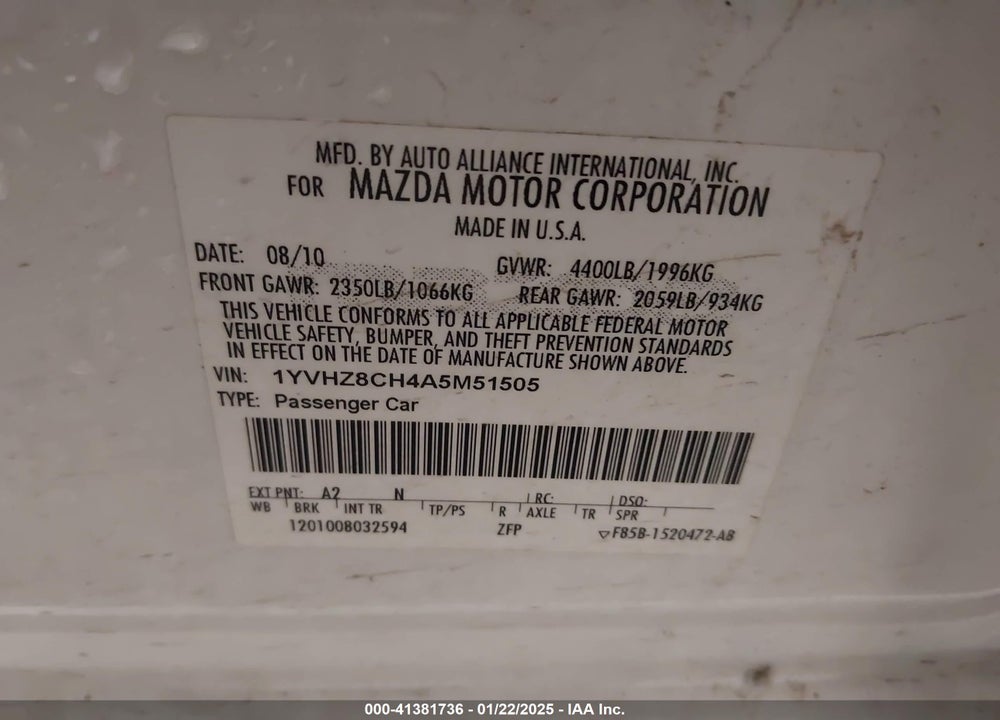 2010 MAZDA 6 I TOURING VIN: 1YVHZ8CH4A5M51505