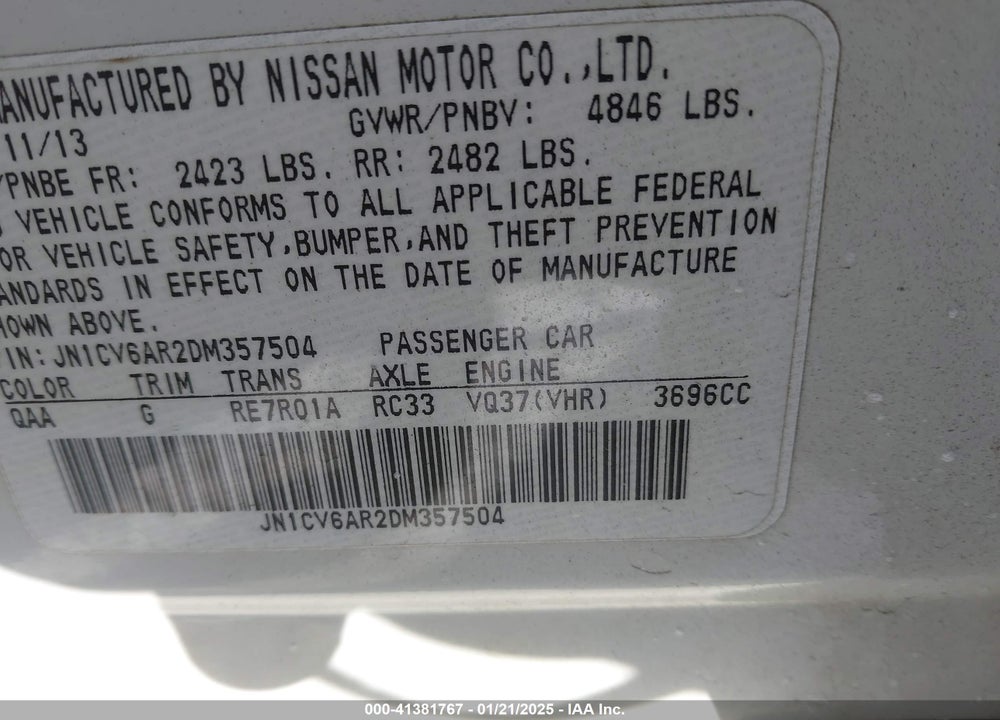 2013 INFINITI G37X VIN: JN1CV6AR2DM357504